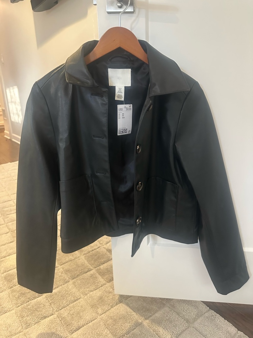 H&M Black Faux Leather Button-Up Cropped Jacket